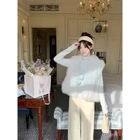 2024秋季新款纯欲甜美风毛毛马甲开衫配连帽针织衫配高腰休闲长裤