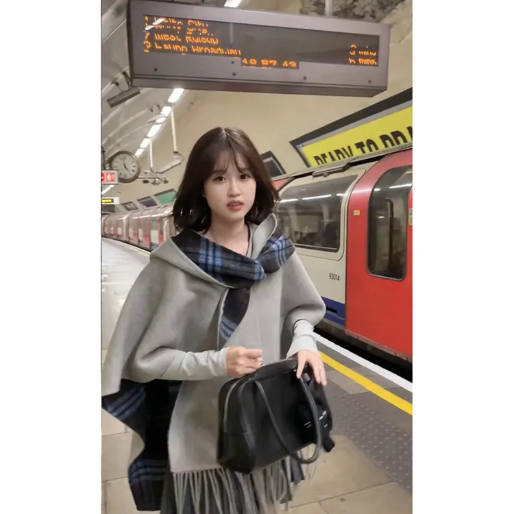 2024秋季新款设计感小众百搭格纹斗篷披风外套女