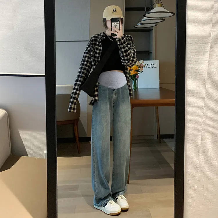 春秋软牛仔裤时尚显瘦阔腿加绒直筒裤潮妈高腰托腹长裤秋冬牛仔秋