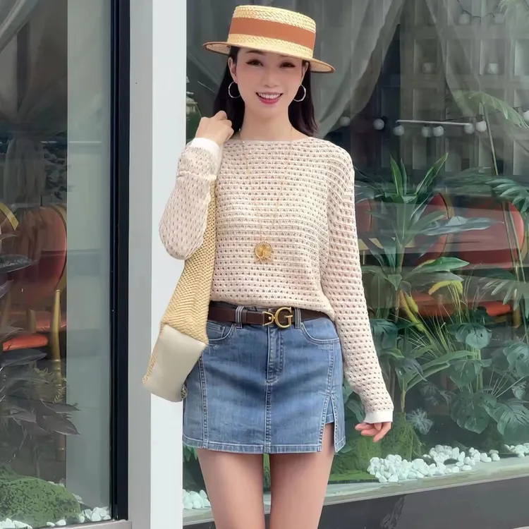 GIRDEAR/哥弟新款气质时尚百搭简约圆领镂空牛仔外套上衣1399703