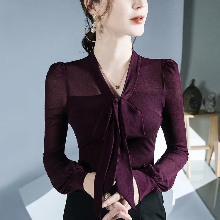 A500气质衬衫女长袖2025春装新款网纱打底衫设计感时尚气质上衣