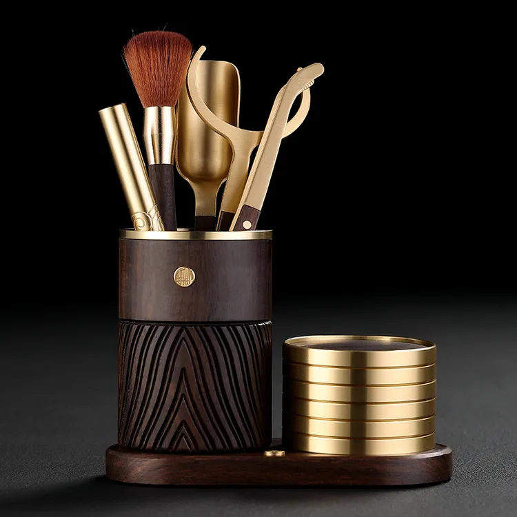 实木六君子套装茶具配件工具茶杯垫黑檀木茶道6君子茶筒茶刀新款