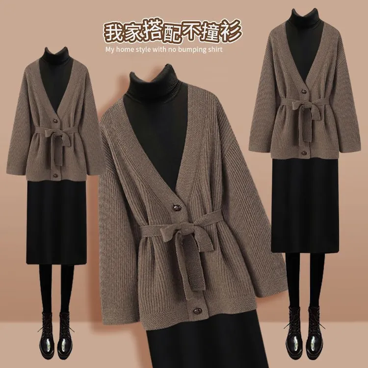 大码时尚气质毛衣女秋冬套装新款微胖mm系带针织开衫连衣裙两件套
