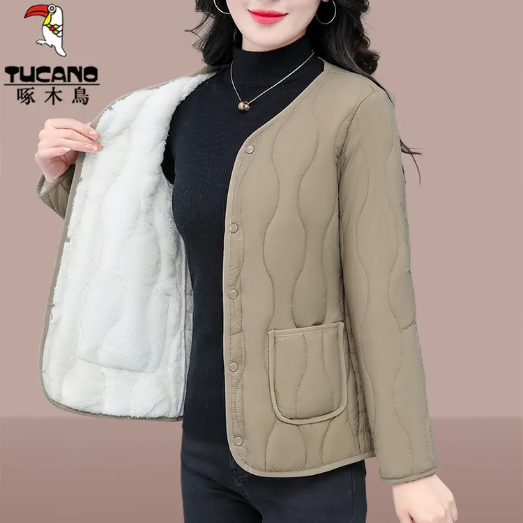 【正品】啄木鸟棉衣女冬季加绒加厚短款棉袄中老年妈妈保暖棉服女装