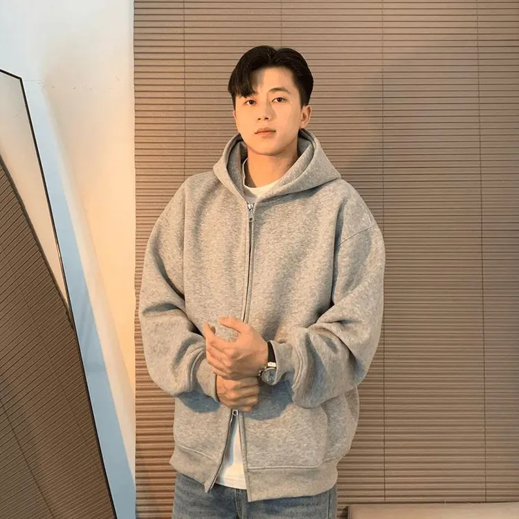花灰色连帽衫男款秋冬高级感宽松休闲百搭双拉链外套加绒加厚卫衣