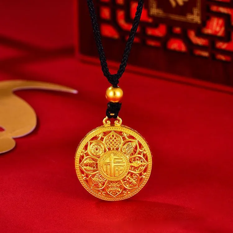 铜合金布艺项链 八宝罗盘项链福字双面吊坠镂空金色平安扣项链