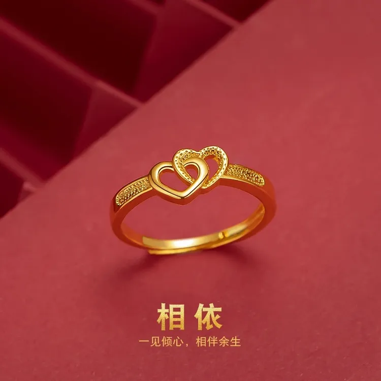 铜合金戒指 金色心心相印戒指女款尾戒小众设计手饰爱心食指戒指