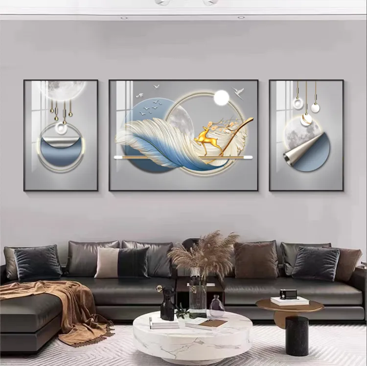 《轻奢福鹿》重工客厅三联画背景画-晶背景墙墙壁沙发背景装饰品