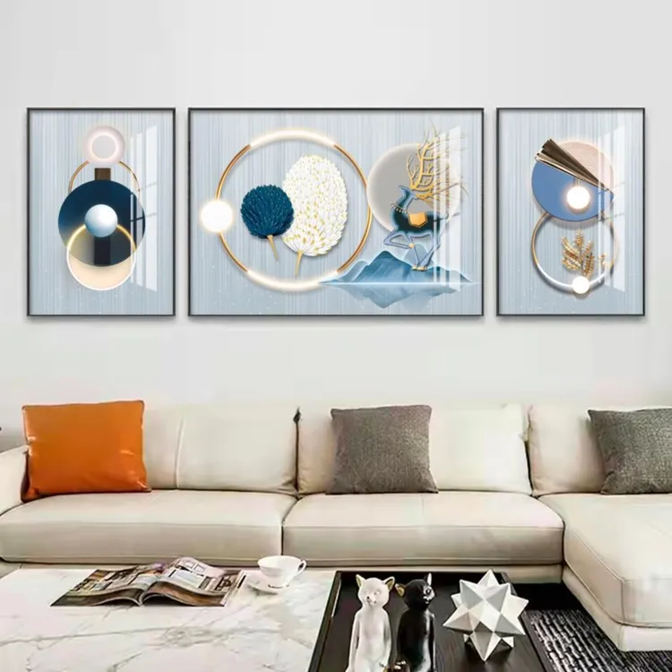 新款《福禄灵羽》重工系列客厅三联画背景画-晶瓷白墙点缀装饰品