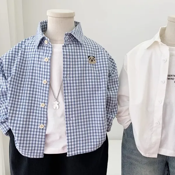 儿童棉白色衬衫2024新款韩版男童格子衬衣小童帅气休闲百搭上衣