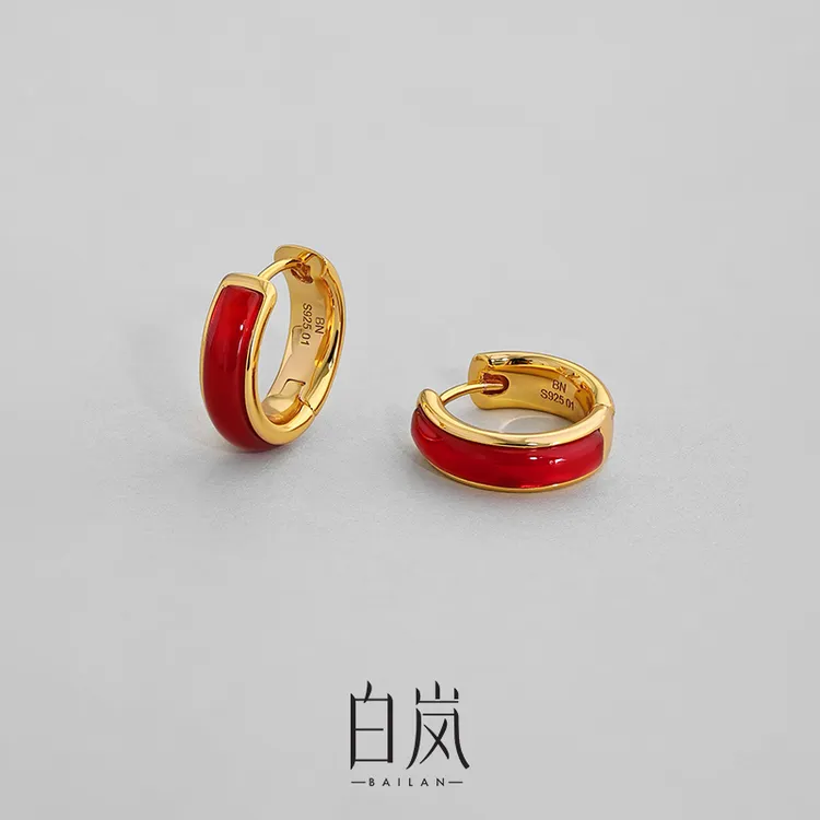 白岚红玛瑙耳圈925银简约气质蛇年情人节耳环新款女设计ED4437