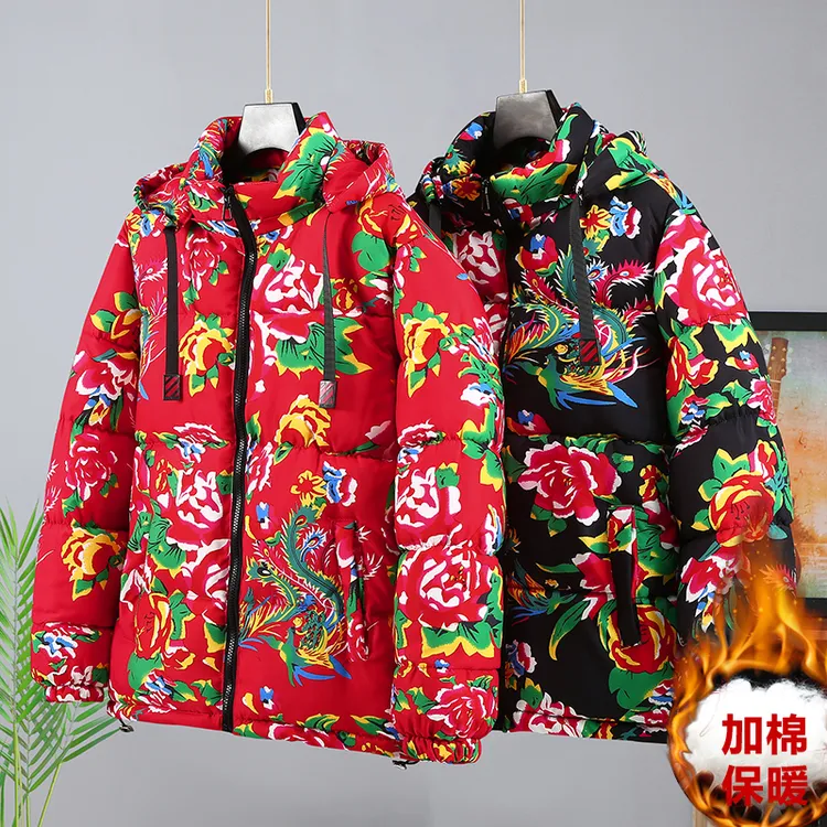 东北大花连帽棉袄冬季男女加厚保暖民族风复古棉衣青年潮流棉外套
