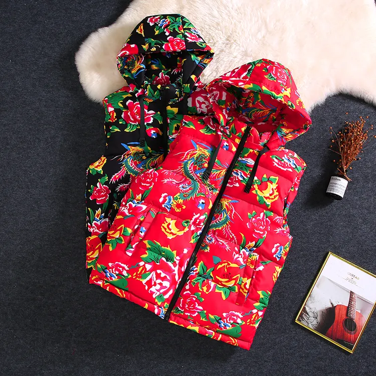 东北大花羽绒棉马甲男女秋冬季个性潮流复古坎肩饭店员工外穿背心