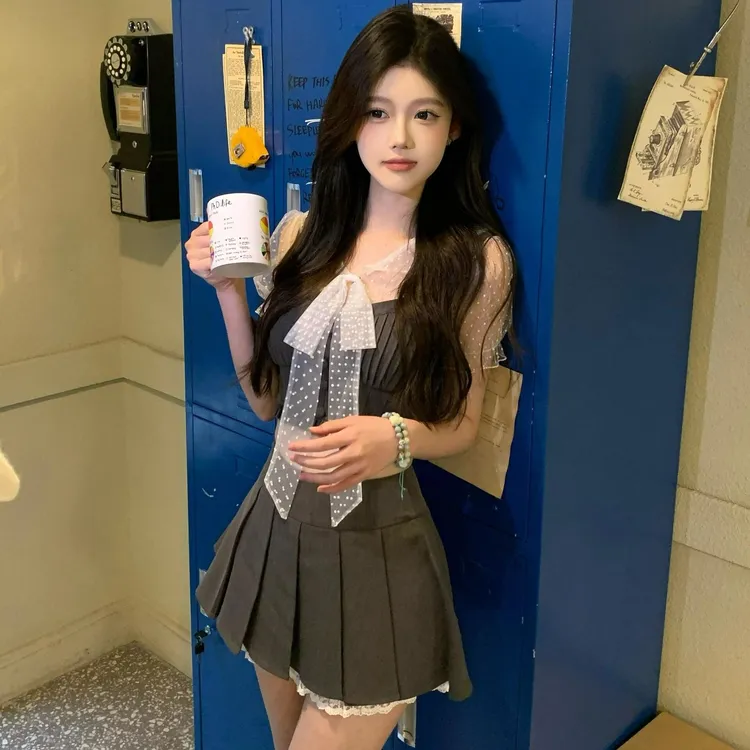 miu系爱豆夏季波点千金套装收腰波点百褶裙富家学院风辣妹纯欲 夏