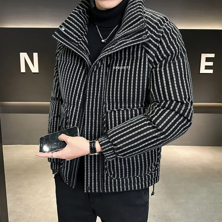 加厚保暖白鸭绒条纹男装上衣冬季新款休闲百搭防寒男士羽绒服外套