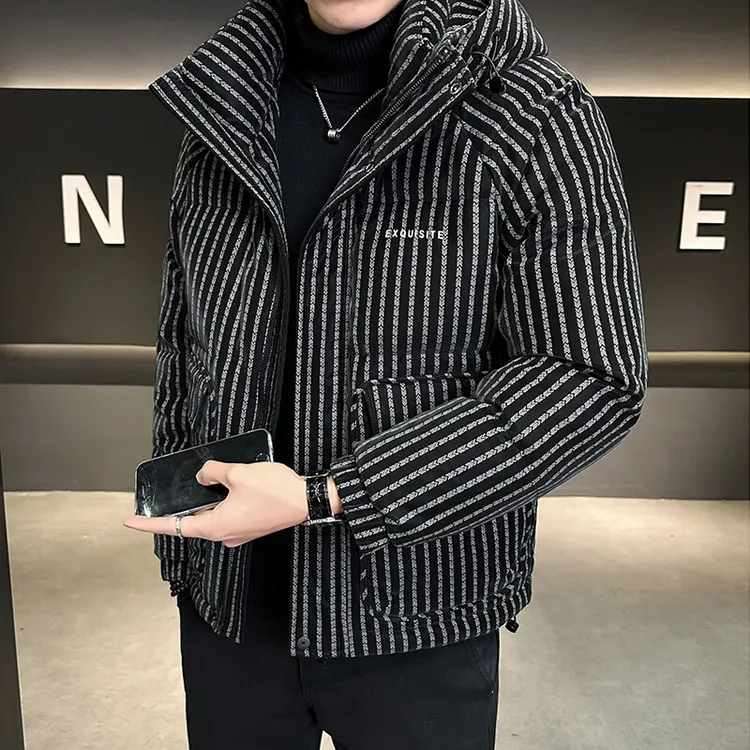 爆款条纹保暖防寒白鸭绒男款皮上衣冬季新款加厚男士羽绒服外套