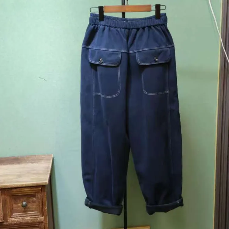 新款时尚炒色牛仔加绒拼接明线洋气遮肉百搭牛仔裤宽松大码牛仔裤