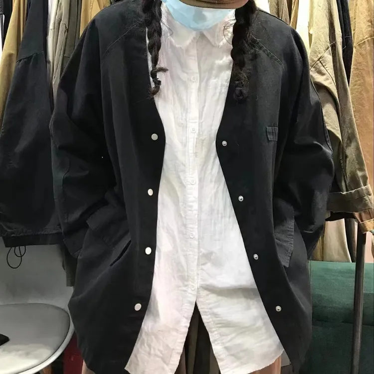 韩版休闲纯色时尚宽松水洗文艺百搭v领外套（2色）