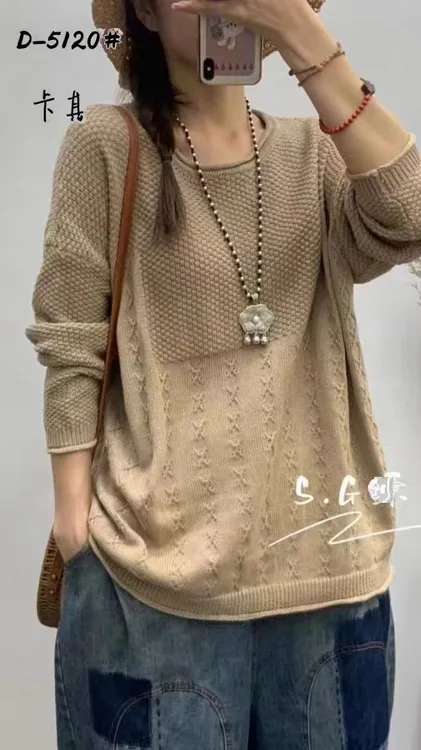 新款纯色砂洗棉线针织圆领宽松百搭休闲时尚套头线衣