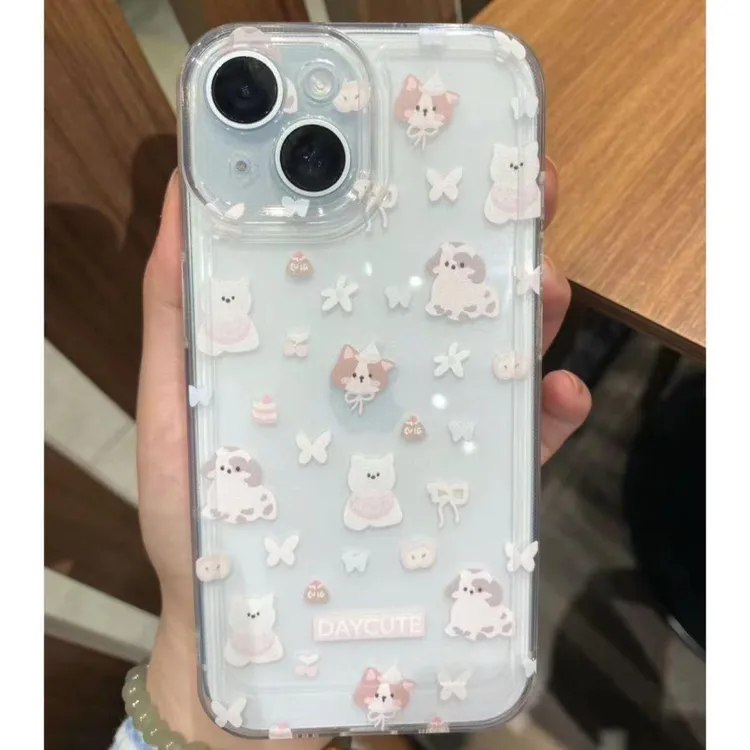 清新蝴蝶结小狗适用苹果16/15手机壳小米OPPO透明VIVO防摔华为软