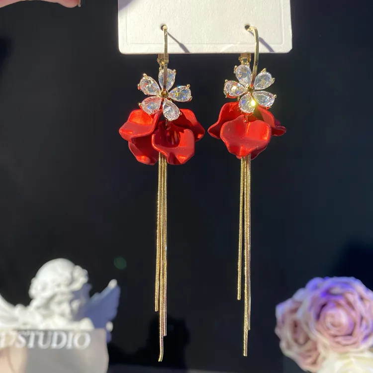 铜合金耳饰 花恋】超闪锆石花朵长款流苏耳环轻奢时尚喜庆百搭耳坠