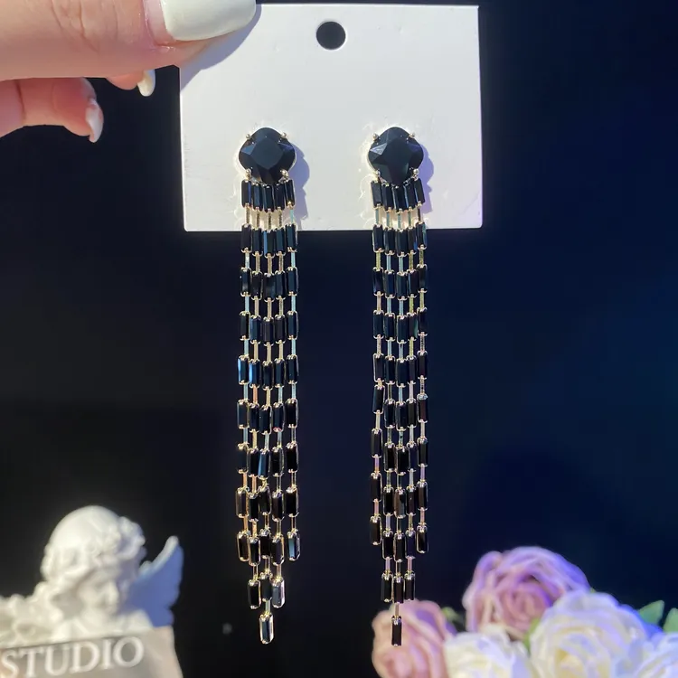 铜合金耳饰 思滢】轻奢时尚锆石长款流苏耳环重工精致气质优雅耳钉