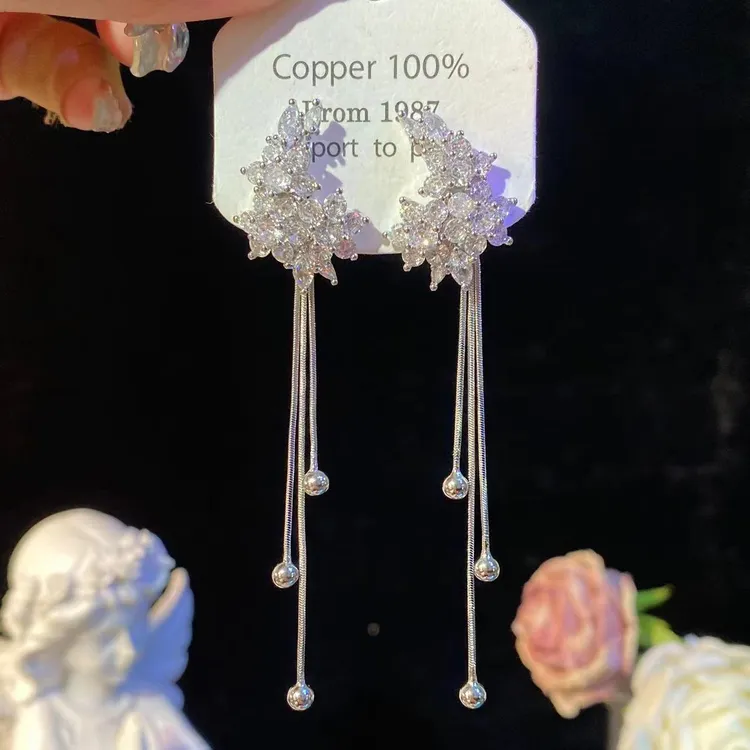 铜合金耳饰 依梦】超闪轻奢气质锆石长款流苏耳环重工优雅精美耳钉