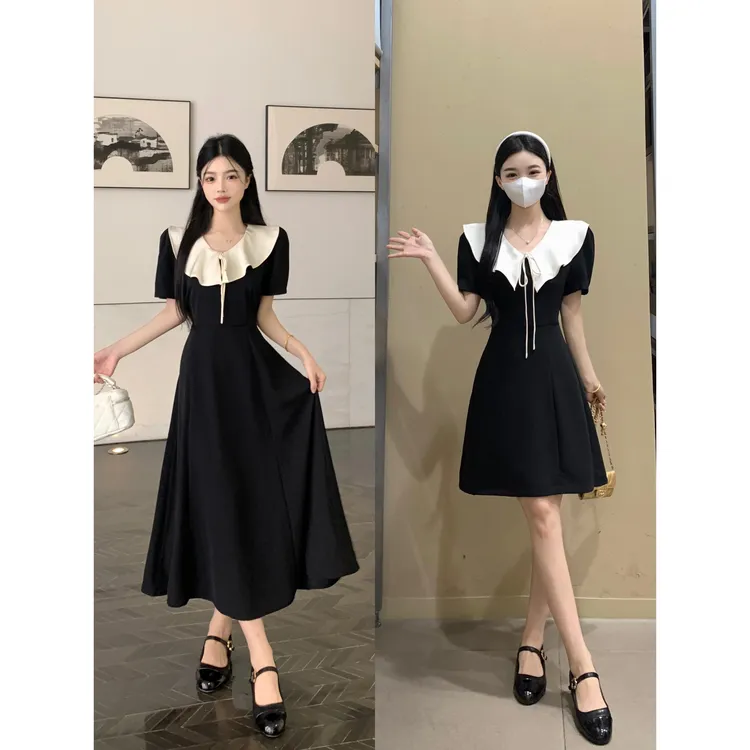 大码女装胖妹妹显瘦法式复古荷叶领收腰鱼尾设计百搭遮肉小黑裙子
