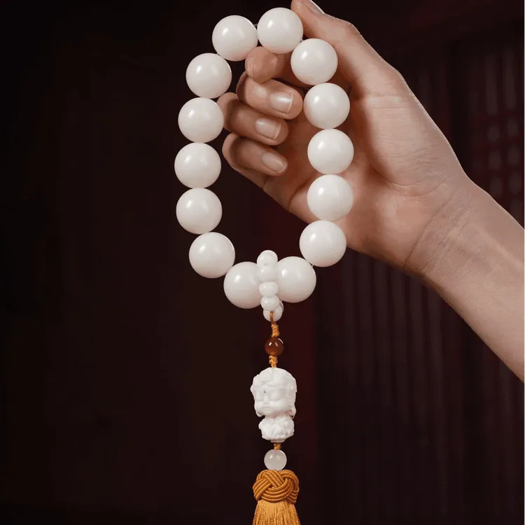 原生态大白菩提根20mm13颗高抛手串搭配象牙果雕刻度母吊坠文玩