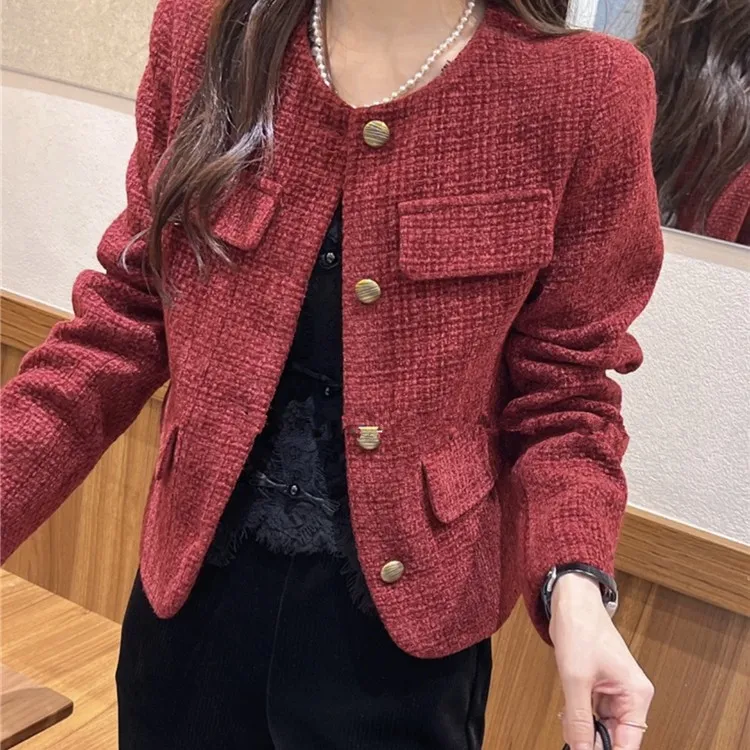 高级感法式小众红色粗花呢外套女秋冬新款设计感短款夹克编织上衣