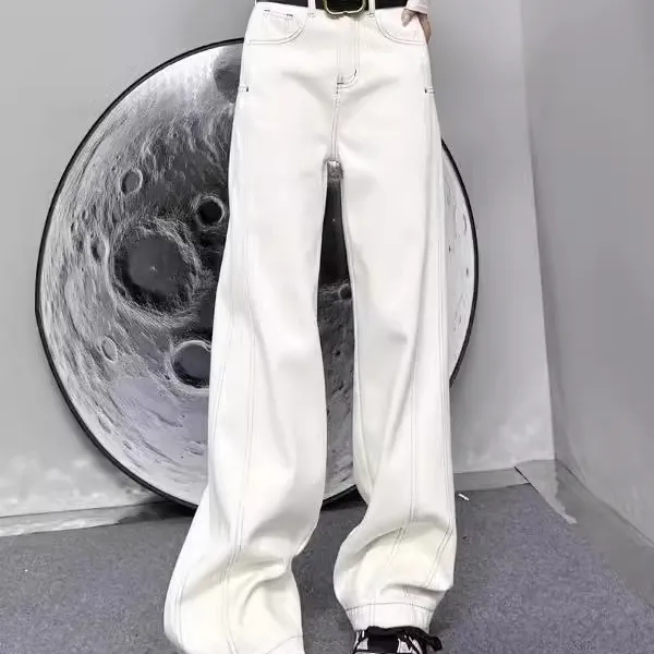 欧货加绒浅色牛仔裤女2025秋冬新款直筒阔腿裤休闲宽松显瘦拖地裤