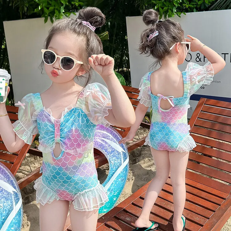 2025夏季新款连体儿童美人鱼沙滩保守连体游泳泳装泳衣女童公主