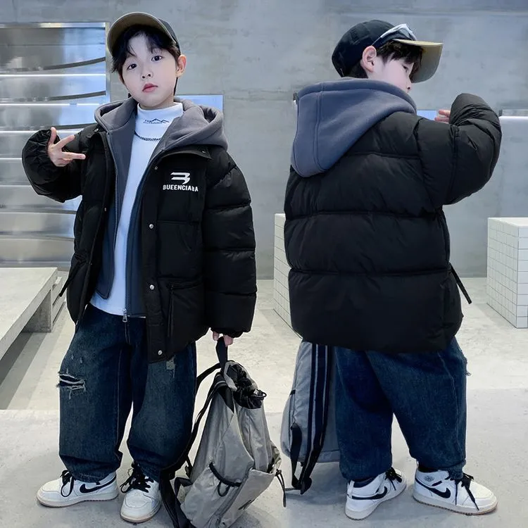 男童加厚棉衣外套冬季2025新款6-15岁中大童假两件连帽棉服保暖潮