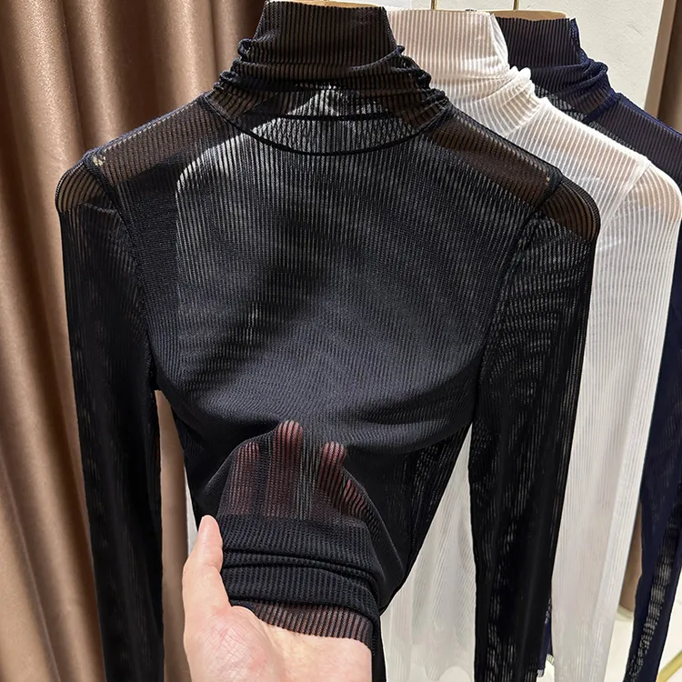 黑色蕾丝打底衫新款秋季高领网纱打底衫内搭外出新款毛衣气质上衣
