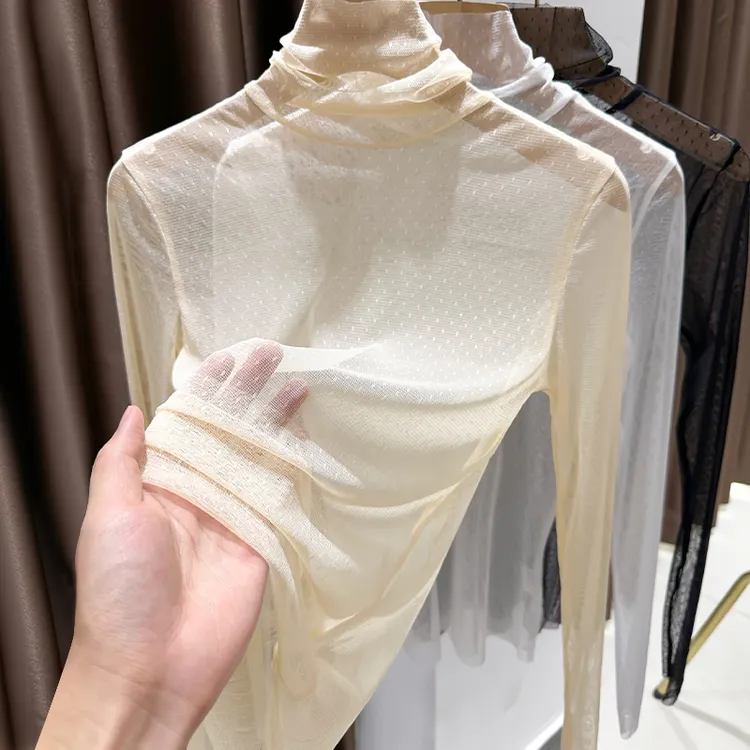 高级感网纱打底衫女款春夏新款长袖透明内搭纱衣高领波点蕾丝上衣