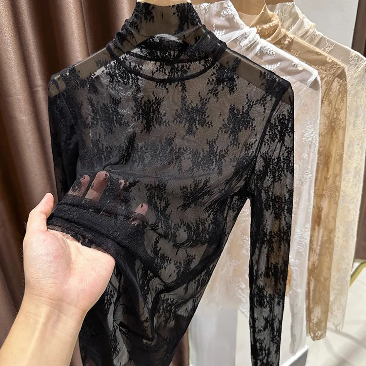 高档网纱打底衫女款爆款2025新款秋季高领透视内搭薄纱衣蕾丝上衣