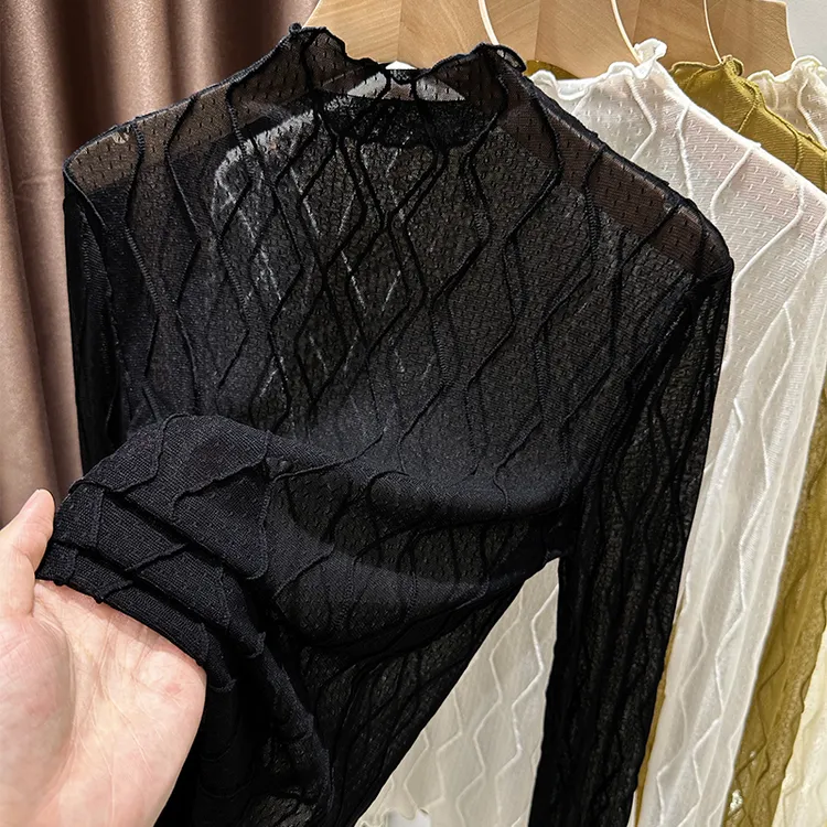半高领高档蕾丝打底衫女长袖2025新款春秋透视纯欲内搭网纱上衣女