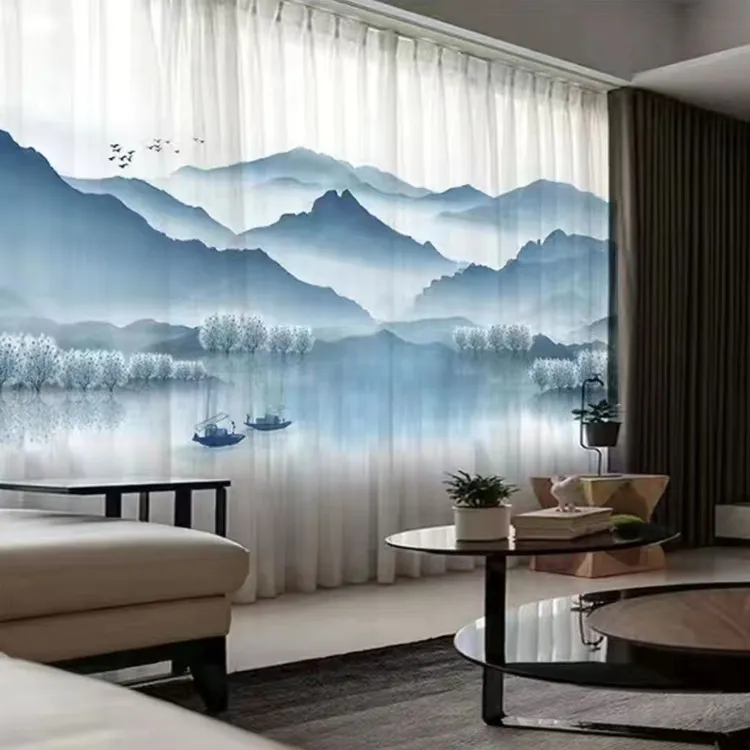 新中式风景水墨山水画中国风卧室纱帘定制纱禅意书房客厅窗帘窗纱