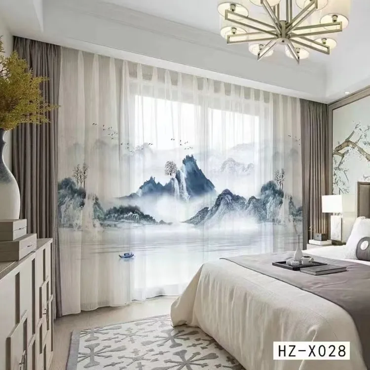 新中式风景水墨山水画中国风窗帘窗纱禅意书房客厅卧室纱帘定制纱