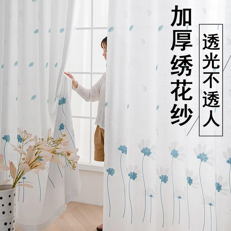 窗帘透光微透人纱帘成品窗纱客厅卧室阳台隔断窗帘防晒加厚白纱帘
