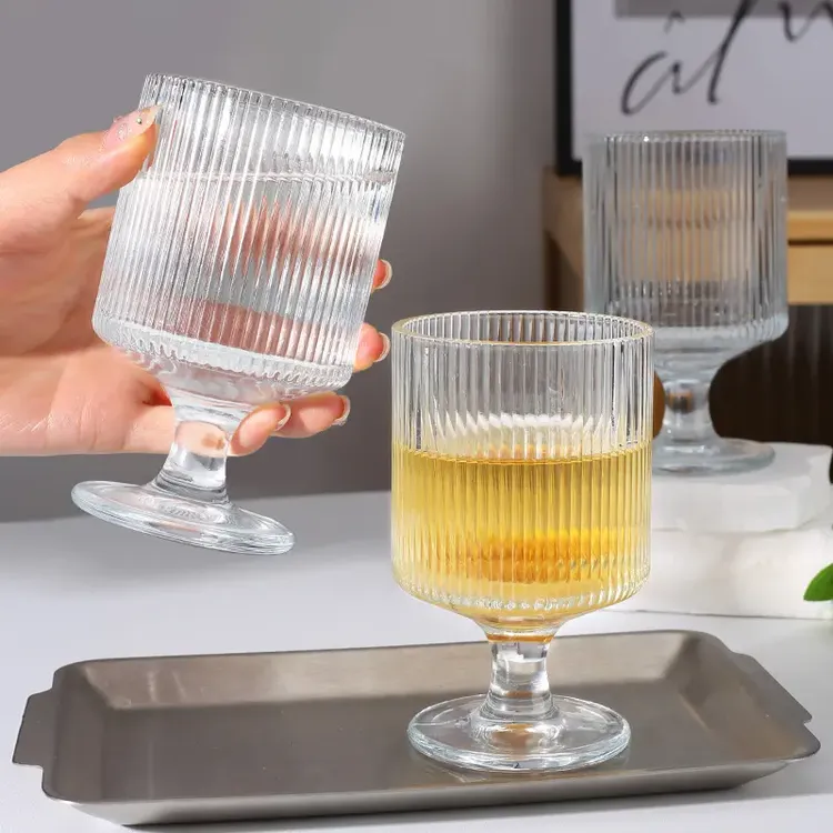 韩式高颜值加厚竖条纹玻璃杯果汁杯甜品高脚杯女生拿铁咖啡奶茶杯