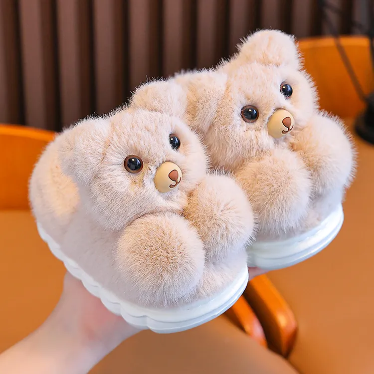 可爱熊儿童棉拖鞋冬季室内家居小孩包跟加厚加绒宝宝居家毛绒棉鞋