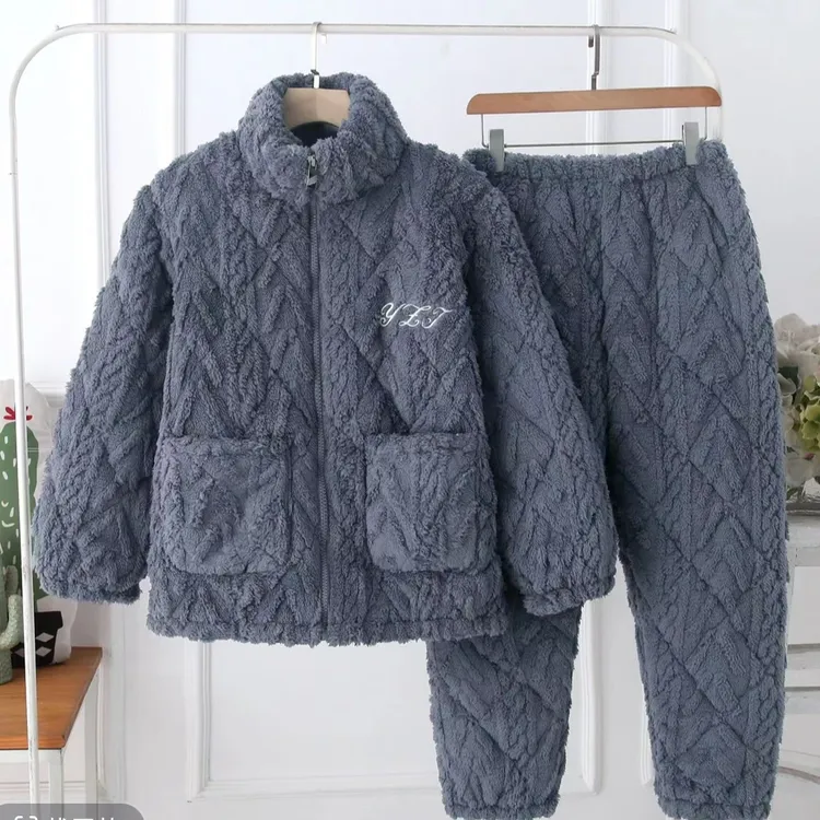 拉链睡衣立领三层加厚法兰绒冬加厚可外穿三层加棉家居服套装