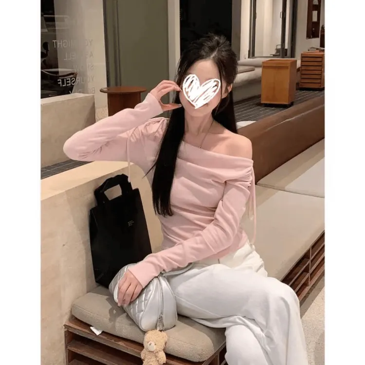 秋冬优雅蝴蝶结百搭荡领长袖T恤女辣妹气质修身纯欲一字肩打底衫