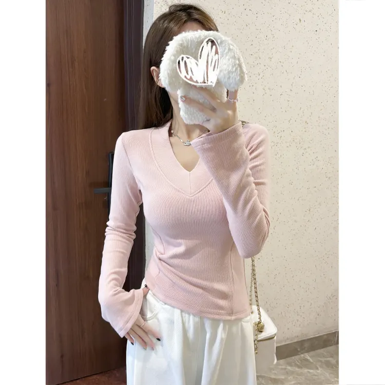 2025秋冬新款慕斯双面绒韩版修身百搭V领长袖T恤显瘦气质打底衫女