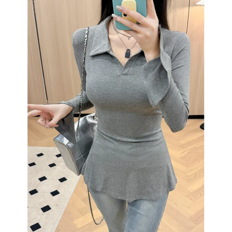 辣妹正肩喇叭长袖开叉翻领长袖T恤初秋款polo领上衣不规则