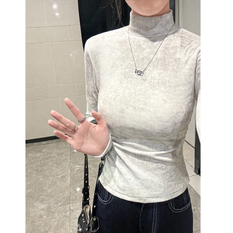 秋冬打底衫女半高领褶皱收腰扎染正肩长袖小众设计感德绒内搭上衣
