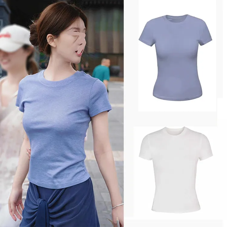(露思同款)雾霾蓝色正肩t恤女夏季圆领短袖辣妹修身收腰显廋上衣