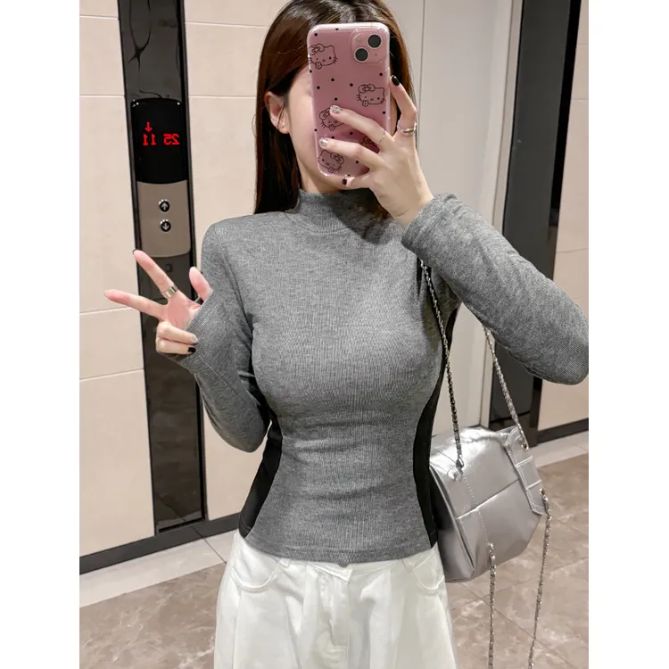 半高领秋冬新款沙漏腰显瘦上衣女修身长袖T恤磨毛加绒内搭打底衫
