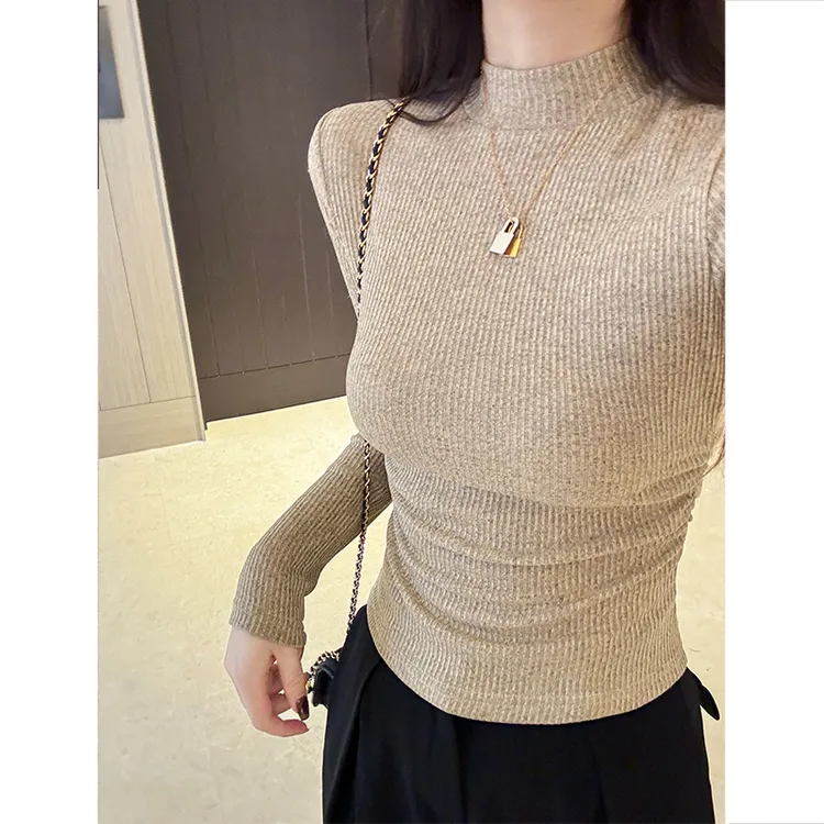 秋冬新款半高领打底衫女修身加绒内搭上衣设计感抽褶显瘦长袖t恤